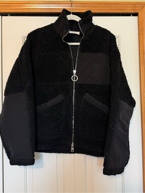 Ami Paris Ami De Coeur Black Full Zip Sherpa Technical Jacket